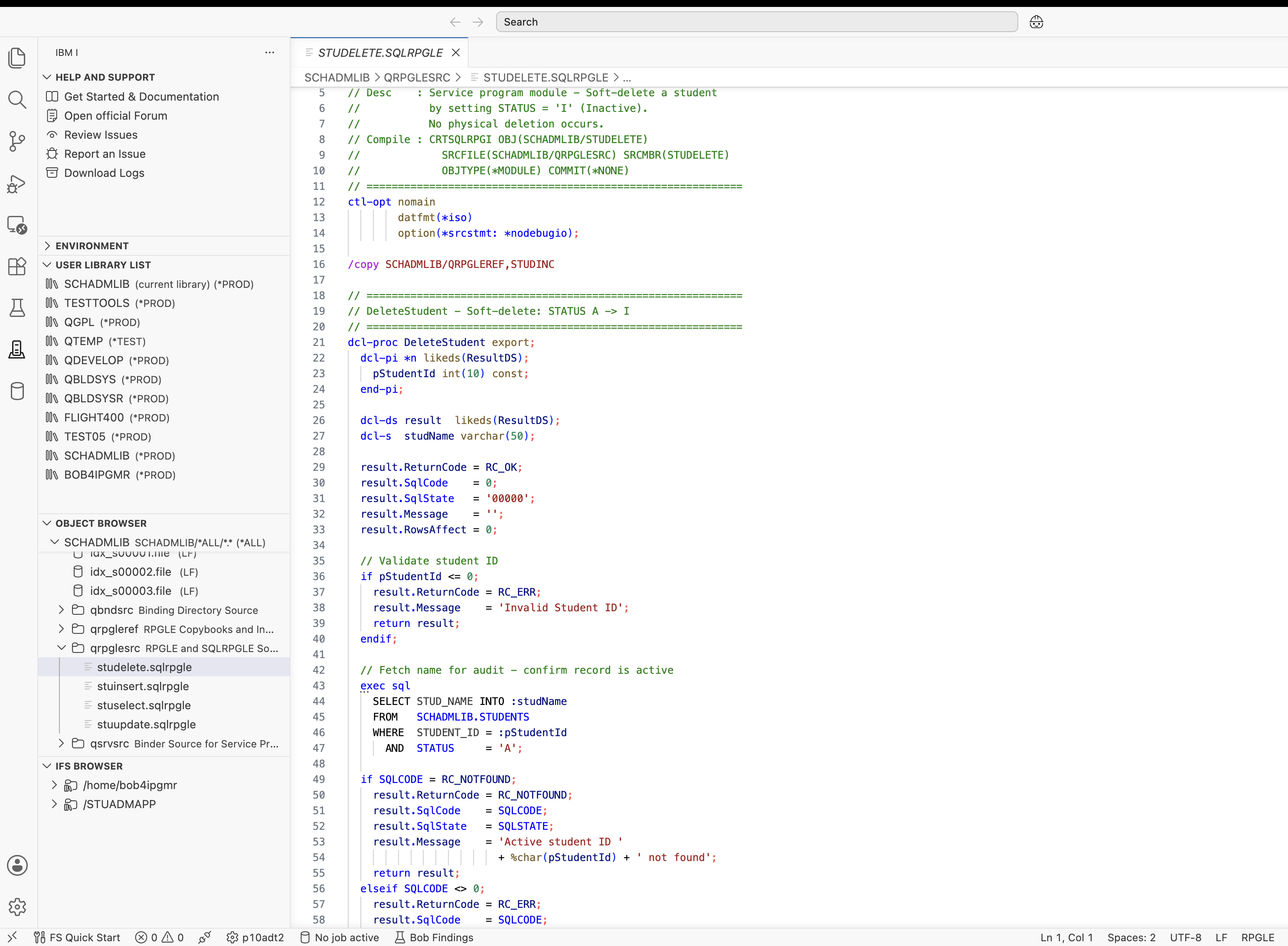 STUDELETE module — two-step soft delete with pre-validation SELECT